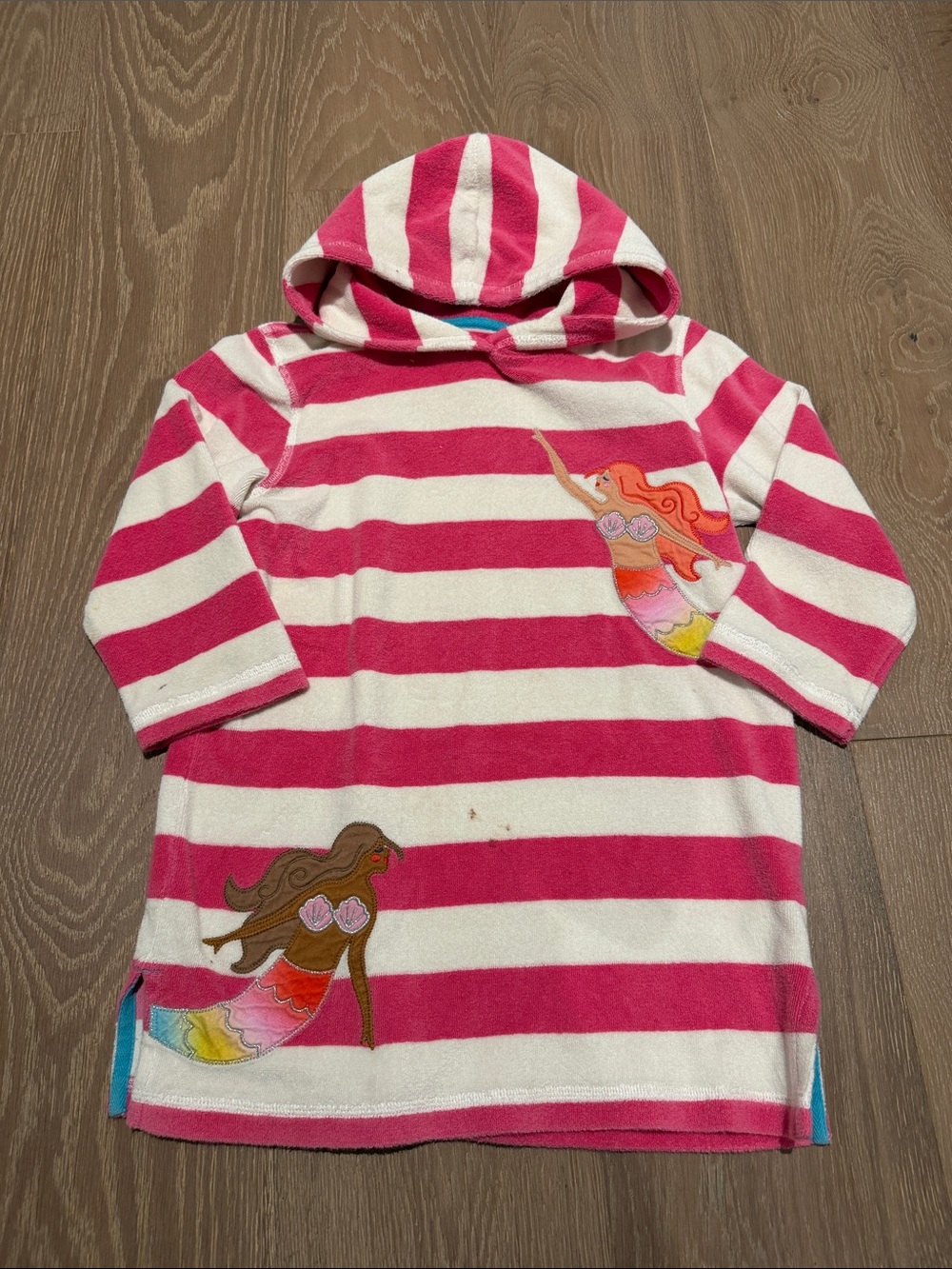 Mini BODEN Girls' Pink & White Stripe Hooded Tunic with Mermaid Appliques